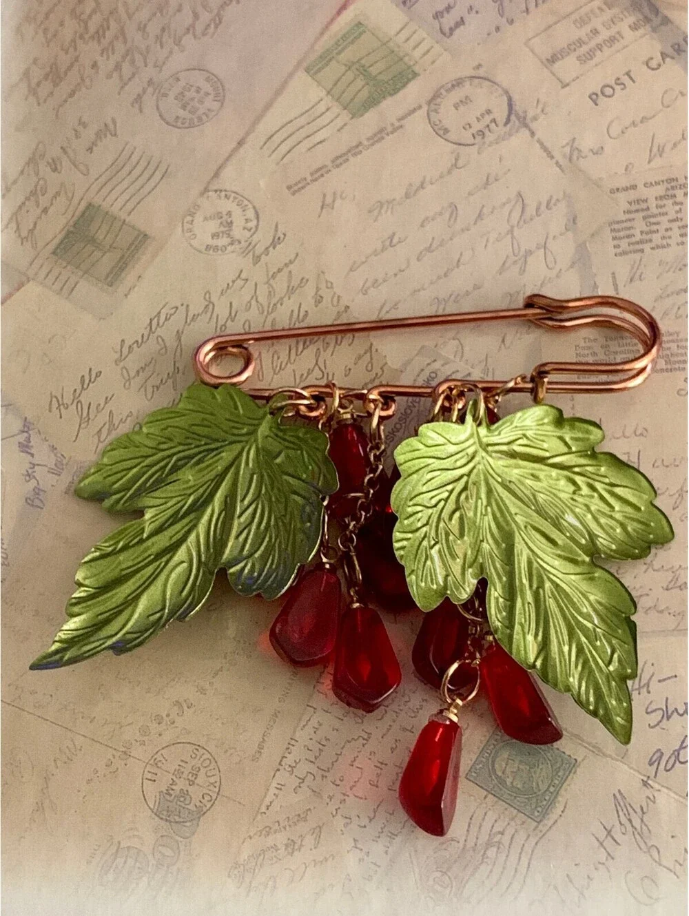 Charming Leaf & Red Berry Dangle Safety Pin Brooch - Nature Inspired Fun